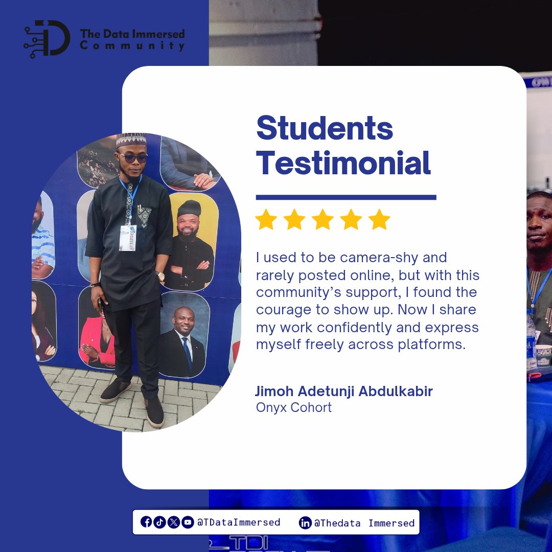 TDataImmersed's tweet image. The Data Immersed Community is about transforming learning, skill-building, and career confidence.

And our students are the heartbeat of this community. Their experiences, wins and breakthroughs inspire us every day.

Every journey tells a story and our students say it best.…