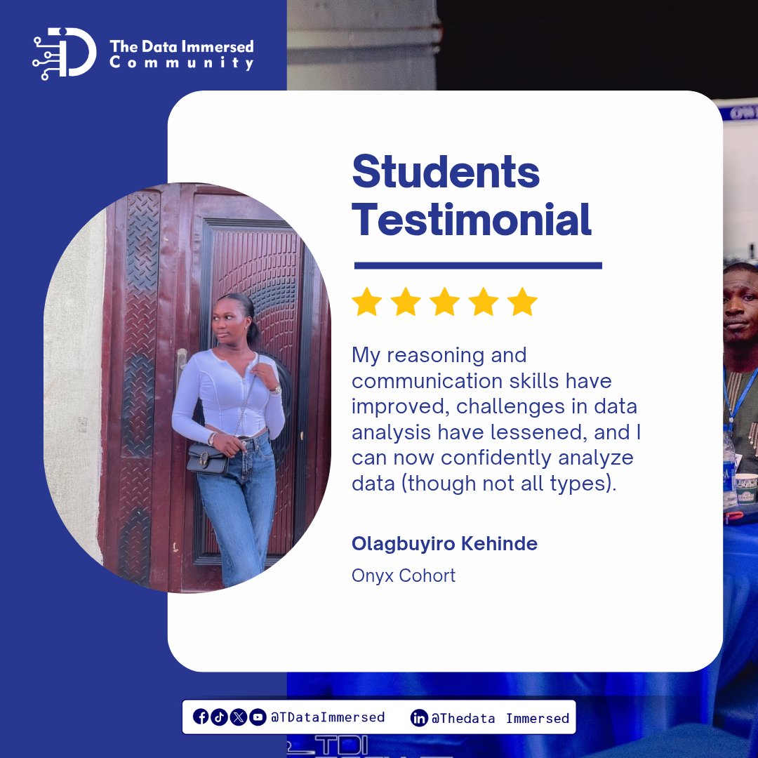 TDataImmersed's tweet image. The Data Immersed Community is about transforming learning, skill-building, and career confidence.

And our students are the heartbeat of this community. Their experiences, wins and breakthroughs inspire us every day.

Every journey tells a story and our students say it best.…
