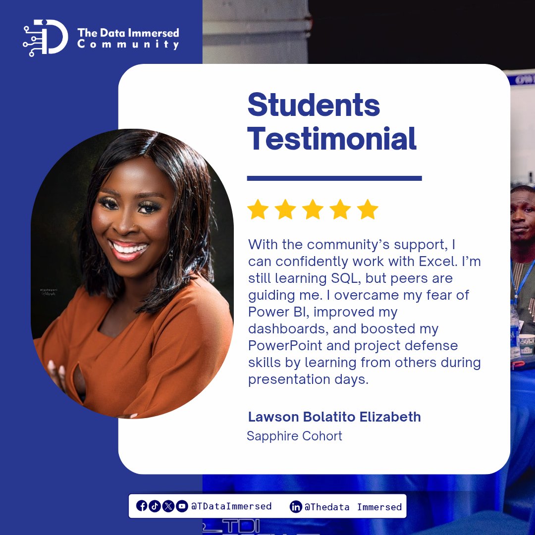 TDataImmersed's tweet image. The Data Immersed Community is about transforming learning, skill-building, and career confidence.

And our students are the heartbeat of this community. Their experiences, wins and breakthroughs inspire us every day.

Every journey tells a story and our students say it best.…