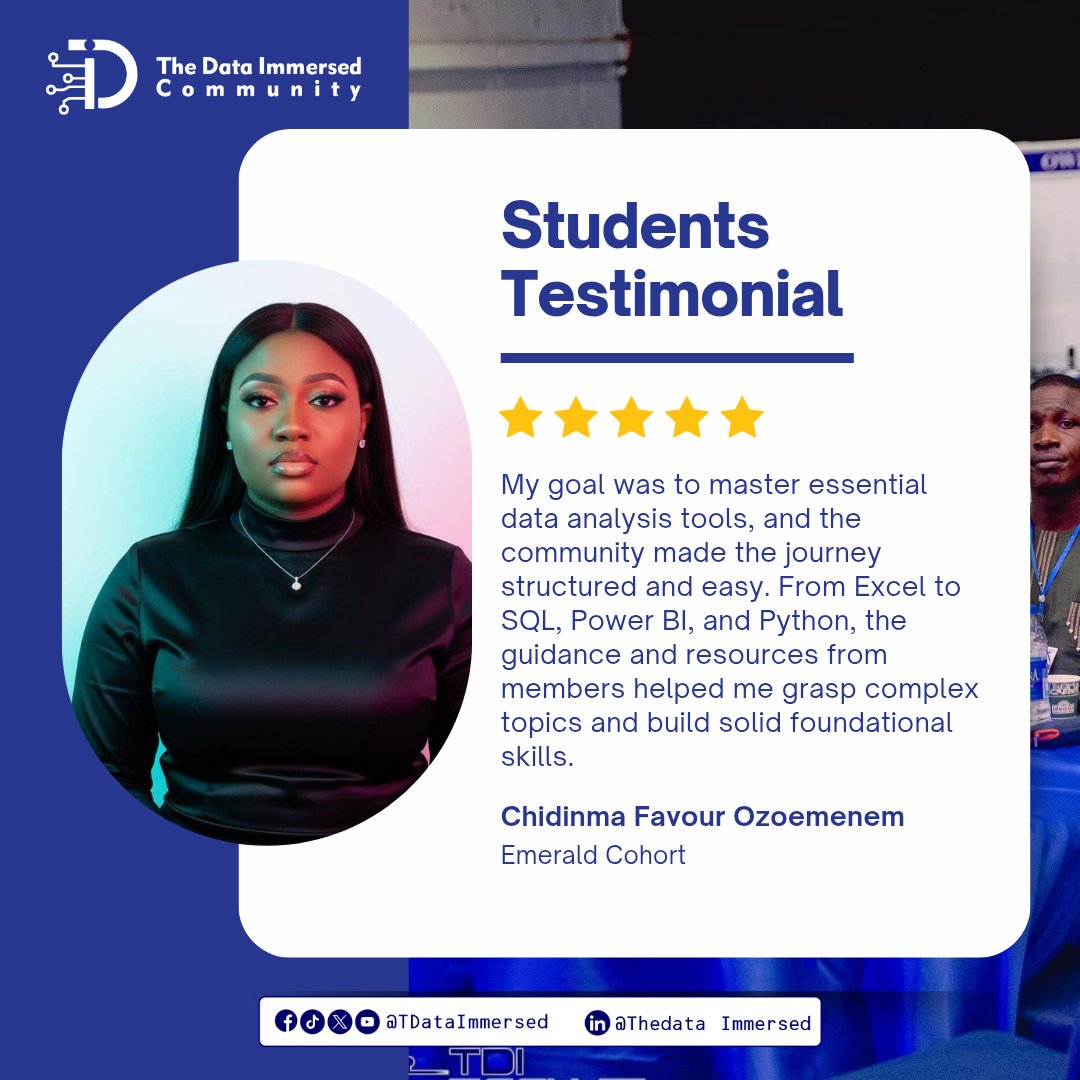 TDataImmersed's tweet image. The Data Immersed Community is about transforming learning, skill-building, and career confidence.

And our students are the heartbeat of this community. Their experiences, wins and breakthroughs inspire us every day.

Every journey tells a story and our students say it best.…