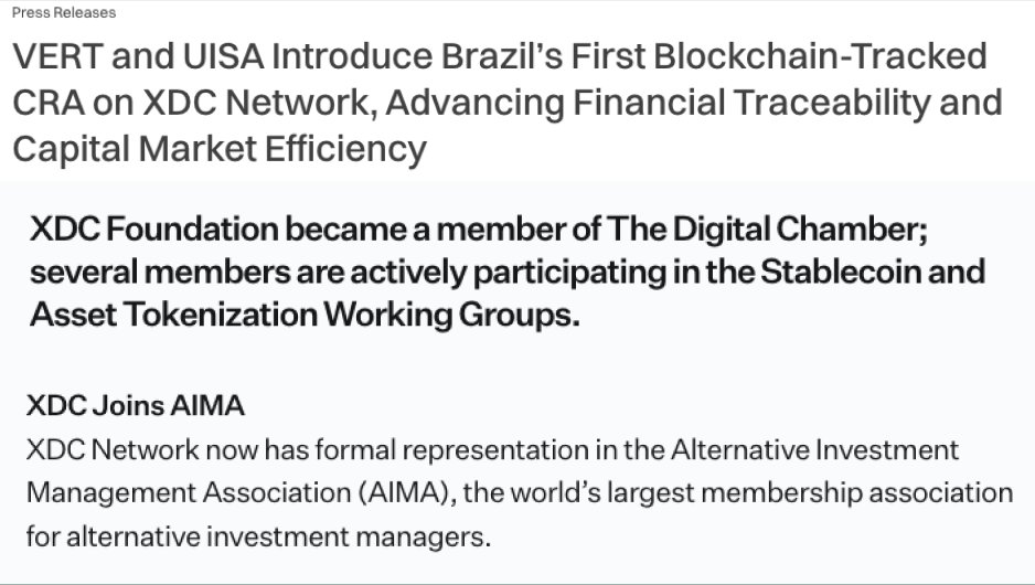 Progress on $XDC lately has been as consistent as ever

Some of the biggest highlights in the past month or so:

✅VERT Capital x UISA tracker on XDC Network
✅XDC Foundation joins Digital Chamber in US
✅XDC Network 1st public DLT in AIMA

As Enterprise DLT grows, so does XDC's