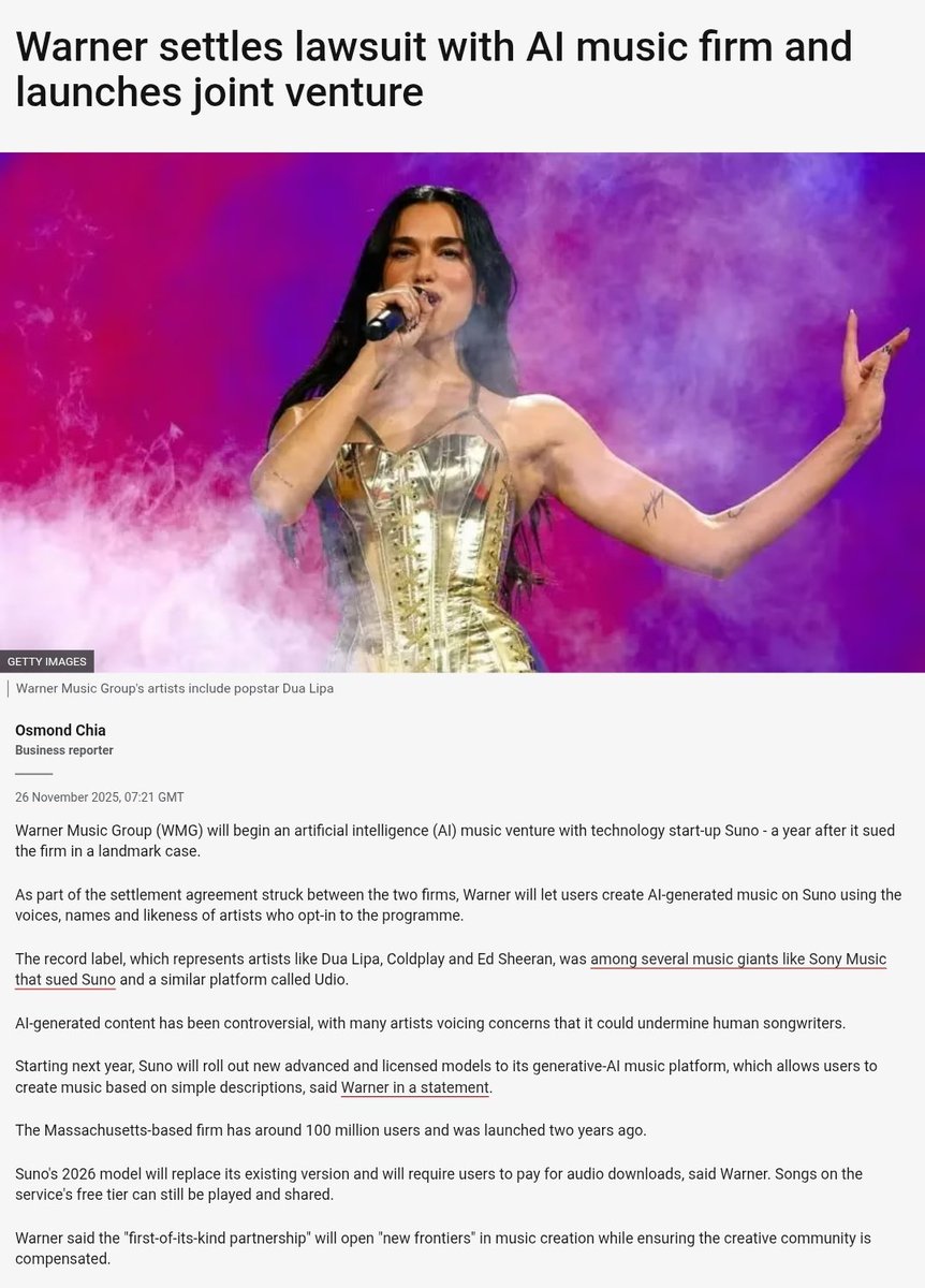 paapabutterfly's tweet image. Adding layers to this...
Her firm, sued by 3 major labels for IPR violation, has stuck a deal with one of the labels now. This involves a settlement and a joint venture, involving profit sharing.

&quot;Art democratization&quot; is marketing bullshit as Suno is gonna lock the music behind-