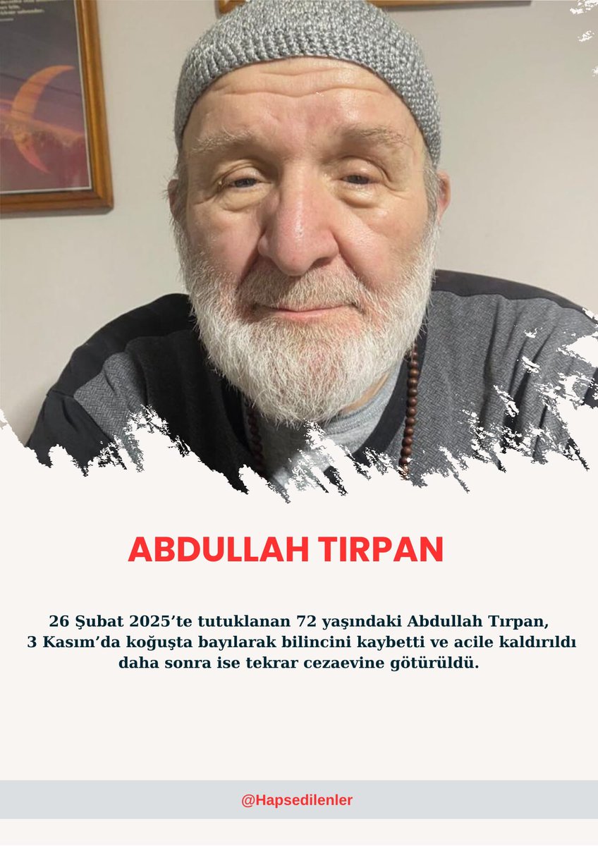 Yusufbatur68's tweet image. Yaşlı, ağır hasta ve bakıma muhtaç insanların hapishanelerde ölüme terk edilmesi adalet değil, zulümdür.
Uğur Öztaş’tan Ayşe Solak’a kadar onlarca insan yaşam mücadelesi veriyor.
Tedavi haktır, özgürlük haktır.

AğırHastalar TutukluOlmasın