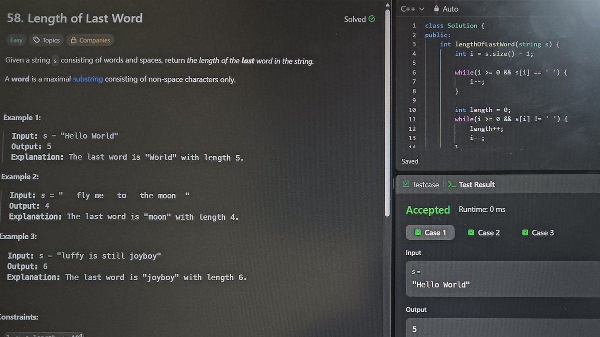 apricity006's tweet image. Day 17 of #100DaysOfCode

🔹 Problem: LeetCode 58 – Length of Last Word
🔹 Approach:
Traverse the string from the end:
- Skip all trailing spaces
- Count characters until the next space
- This gives the length of the last word directly
- T.C: O(n)
- S.C: O(1)

#LeetCode #Strings