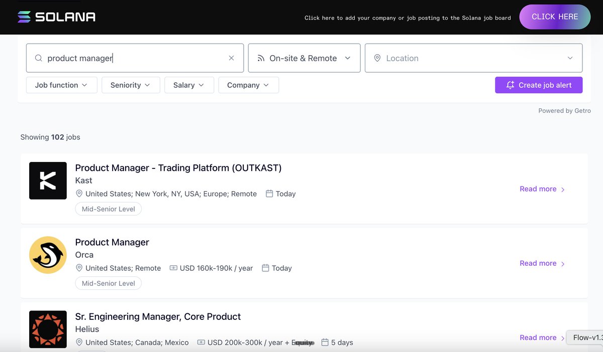 显示 Solana 职位板上产品经理岗位的截图