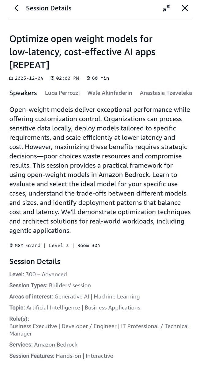 WaleAkinfaderin's tweet photo. Heading to AWS re:Invent in Las Vegas next week! ☁️

I’ll be leading and supporting a few sessions on optimizing open weight models, automated reasoning, building trustworthy AI apps on Bedrock, and Amazon Nova.

Looking forward to catching up. Reach out if you're attending. https://t.co/VWygVWoMb9