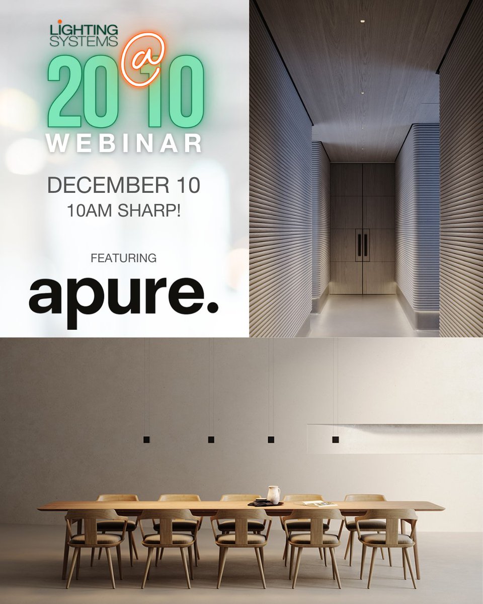 ltgsys's tweet image. Join us for the next installment of our 20@10 Webinar Series featuring Apure Lighting! Light with measured precision designed and engineered to blend seamlessly into the architecture

December 10, 10am Sharp!
Register Now: zurl.co/qvUuz 

#NorcalRep #LtgSys #LightAgency