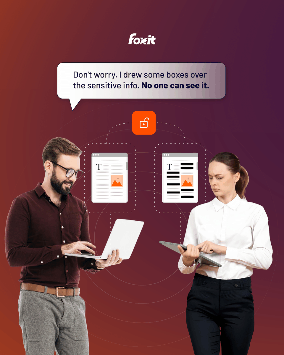 foxitsoftware's tweet image. Every organization has documents it thinks are secure:
Client contracts, financial disclosures, HR files.

But if redaction is done with a highlighter and a black box, the protection is only visual. ❌

This mistake has cost teams lawsuits, fines, and lost trust.
When data is…
