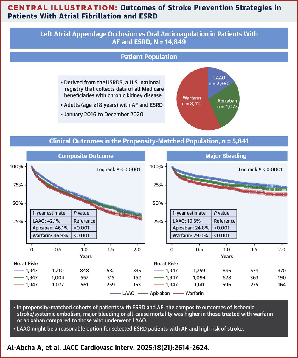 JACCJournals's tweet image. Latest in #JACCINT: Among #AFib patients with ESRD, #LAAO showed lower rates of #stroke ⚡ major bleeding 💧 and death ☠️ compared with apixaban 💊 or warfarin, highlighting LAAO as a promising strategy! jacc.org/doi/10.1016/j.…

@adnanalkhouli @AbdullahAlabcha