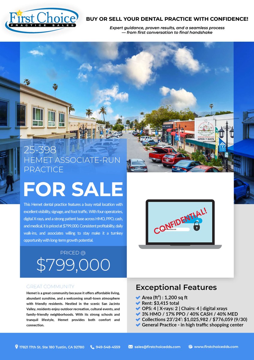 FirstChoicePS's tweet image. 🦷 Dental Practice for Sale – Hemet, CA
Prime Riverside County location, modern operatories &amp;amp; loyal patient base. A smart move for dentists ready to grow their career &amp;amp; business.

👉 Learn more: firstchoicedds.com/dental-office-…

First Choice Practice Sales, Inc.
949-548-4559 |…