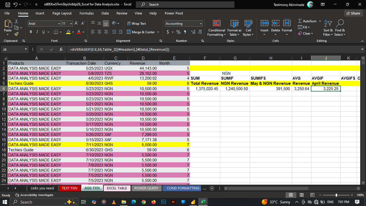 ogooluwa_ak's tweet image. AGGREGATION FUNCTIONS:
• SUM – Add numbers
• SUMIF  – Add numbers based on a single condition
• SUMIFS – Add numbers based on multiple conditions
• AVERAGE – Find the average of a range of values
• AVERAGRIF – Find the average of a range of values that meets a condition