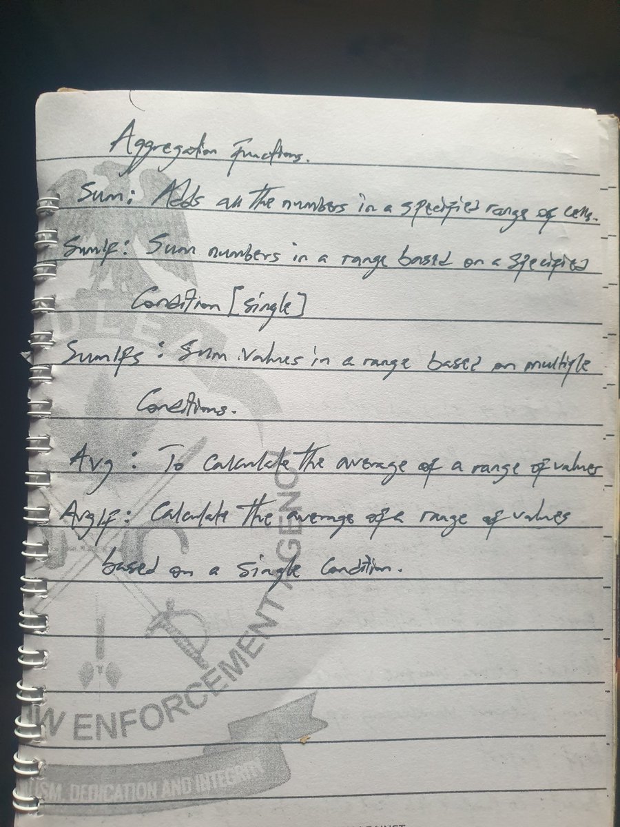 ogooluwa_ak's tweet image. AGGREGATION FUNCTIONS:
• SUM – Add numbers
• SUMIF  – Add numbers based on a single condition
• SUMIFS – Add numbers based on multiple conditions
• AVERAGE – Find the average of a range of values
• AVERAGRIF – Find the average of a range of values that meets a condition