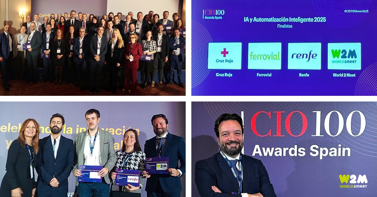 Hoy compartimos que World2Meet ha sido finalista en la categoría “IA y Automatización Inteligente” de los CIO 100 Awards Spain 2025 <a href="/ciospain/">CIO España</a> celebrados ayer 25 de noviembre en Madrid, compitiendo junto a organizaciones de referencia como <a href="/CruzRojaEsp/">Cruz Roja Española</a> ,<a href="/Renfe/">Renfe</a> y <a href="/ferrovial_es/">Ferrovial</a>.