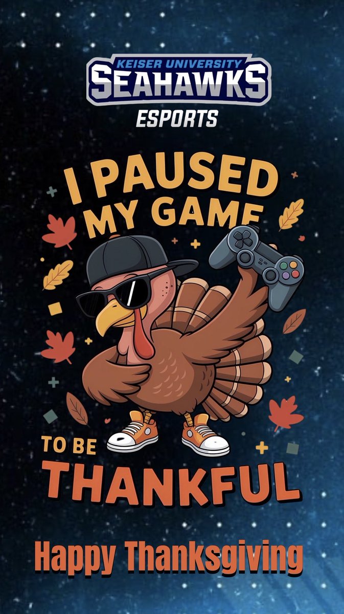 KUORL_Esports's tweet image. We paused our game… but only for today. 🦃🎮
Happy Thanksgiving from Keiser University Esports!
We’re grateful for our players, coaches, and everyone who makes this program elite.
Eat well, rest up, and we’ll be back in the arena soon!
#SeahawkNation #KeiserEsports #Thanksgiving