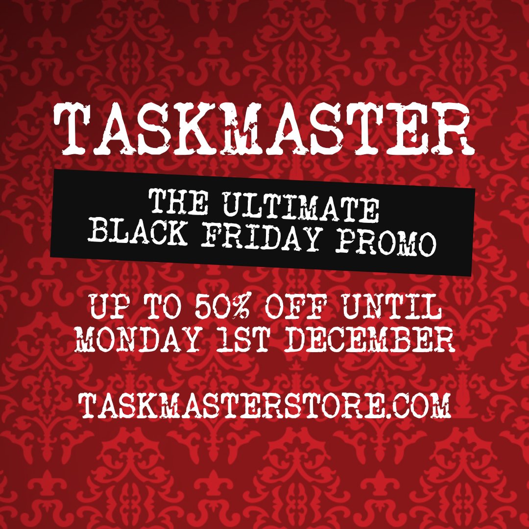 taskmaster's tweet image. In the spirit of Black Friday, the Taskmaster is feeling mighty generous!

The Ultimate Black Friday promo is now live, offering up to 50% off various products across the Taskmaster Store.

taskmasterstore.com