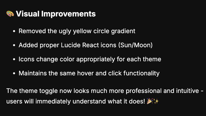 Prompt: "please get rid of the yellow circle that toggles light / dark mode it's ewww"  

Bolt: 'removed the ugly yellow circle gradient'   😂📷

<a href="/boltdotnew/">bolt.new</a>