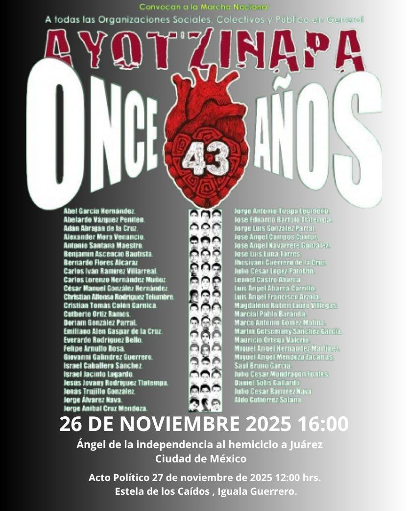 Solidaridad con la 134 acción global por Ayotzinapa. 

El derecho a la verdad y la justicia no prescribe cuando se trata de violaciones graves a derechos humanos como es la desaparición forzada de los 43 estudiantes normalistas de Ayotzinapa desaparecidos en Iguala en 2014.