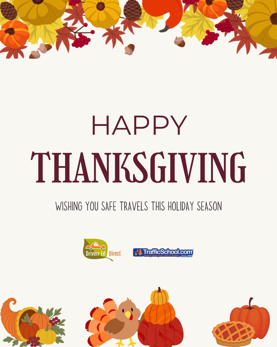 DriversEdDirect's tweet image. 🦃 Happy Thanksgiving! 🦃
Wishing you a safe and wonderful holiday. As you travel to celebrate with family and friends, remember to stay safe on the road. Buckle up, drive alert, and make this Thanksgiving a memorable and safe one for everyone.

#HappyThanksgiving #SafeTravels