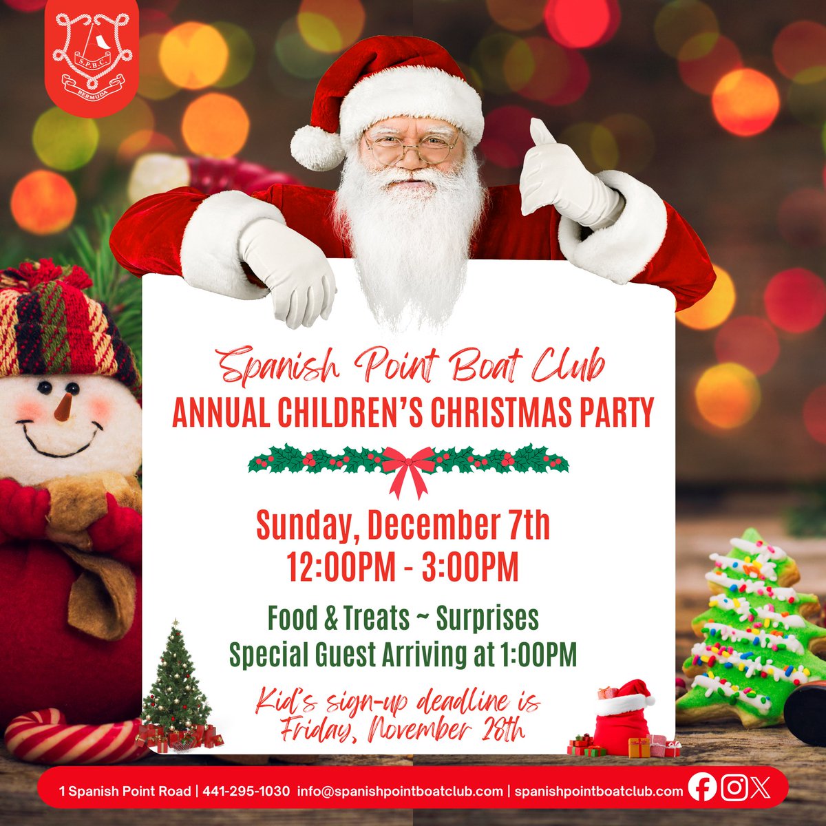 SPBCbda's tweet image. SPBC Members of all ages have plenty to be excited about...🎉

🎅It all starts on Sunday, December 7th, with our Annual Children's Christmas Party 🎁

🎄Then join us for the  Member's Christmas Party will take place on Saturday, December 13th 🥂
 #SPBC #Christmas2025