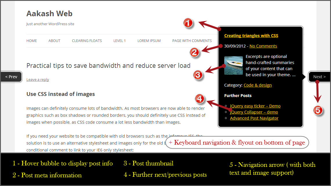 aakashweb's tweet image. Advanced Post Navigator is a #WordPress plugin to add &quot;Next and Previous&quot; arrows to your posts which shows detail information in a popup bubble.

Check it out - codecanyon.net/item/advanced-…