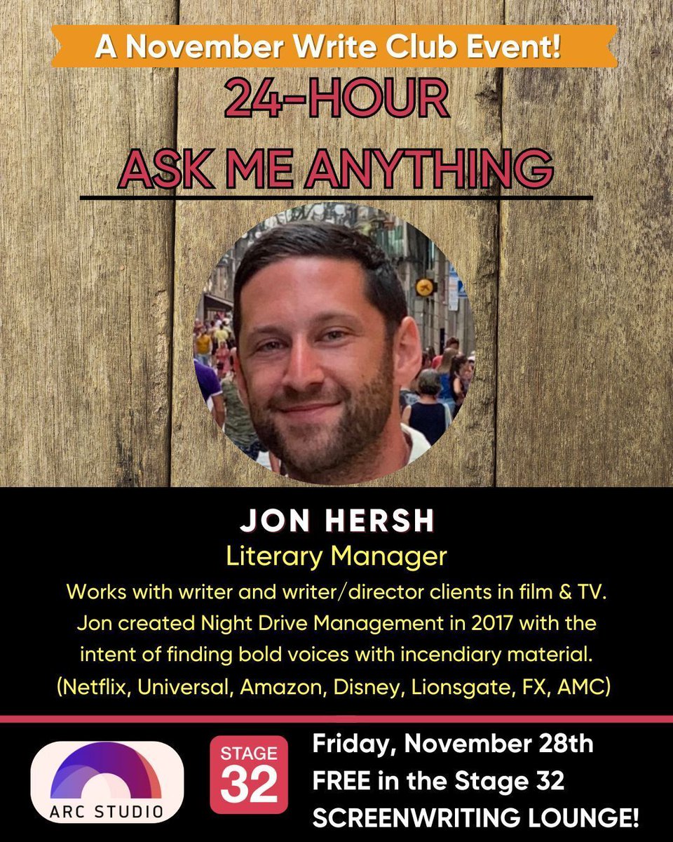 Stage32Scripts's tweet image. What would you ask a manager repping Netflix, FX &amp;amp; Amazon writers?
This is not a drill — Jon Hersh is on Stage 32, answering your questions for FREE all day Friday.
Reps, dev execs, notes, breaking in— ask it all.
Click here to jump into the AMA now￼: buff.ly/C3Kr9ah