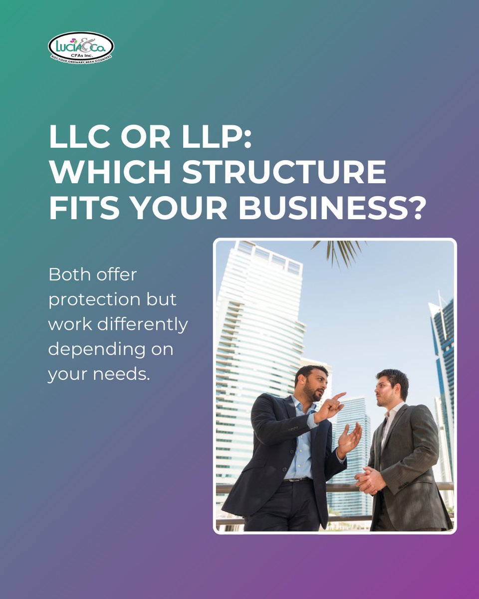lucia_cpa's tweet image. Choosing between an LLC or LLP? Each structure has strengths that protect your business in different ways. Find the setup that fits your goals and daily operations.

#LuciaAndCoCPAs #BusinessStructure #LLC #LLP #TaxPlanning #BusinessTips