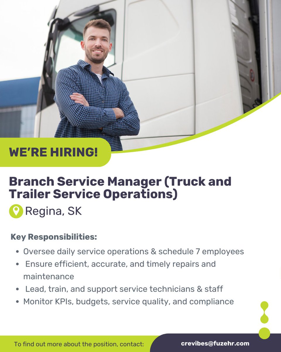 FuzeHR's tweet image. Now Recruiting: Branch Service Manager – Truck &amp;amp; Trailer Service – Regina, SK

📩 Apply now: crevibes@fuzehr.com
🔗 ow.ly/nw5O50XvZoj

#TruckService #TrailerService #ServiceManager #ReginaJobs #FleetManagement #Leadership #NowHiring #SKJobs #Regina #Saskatchewan