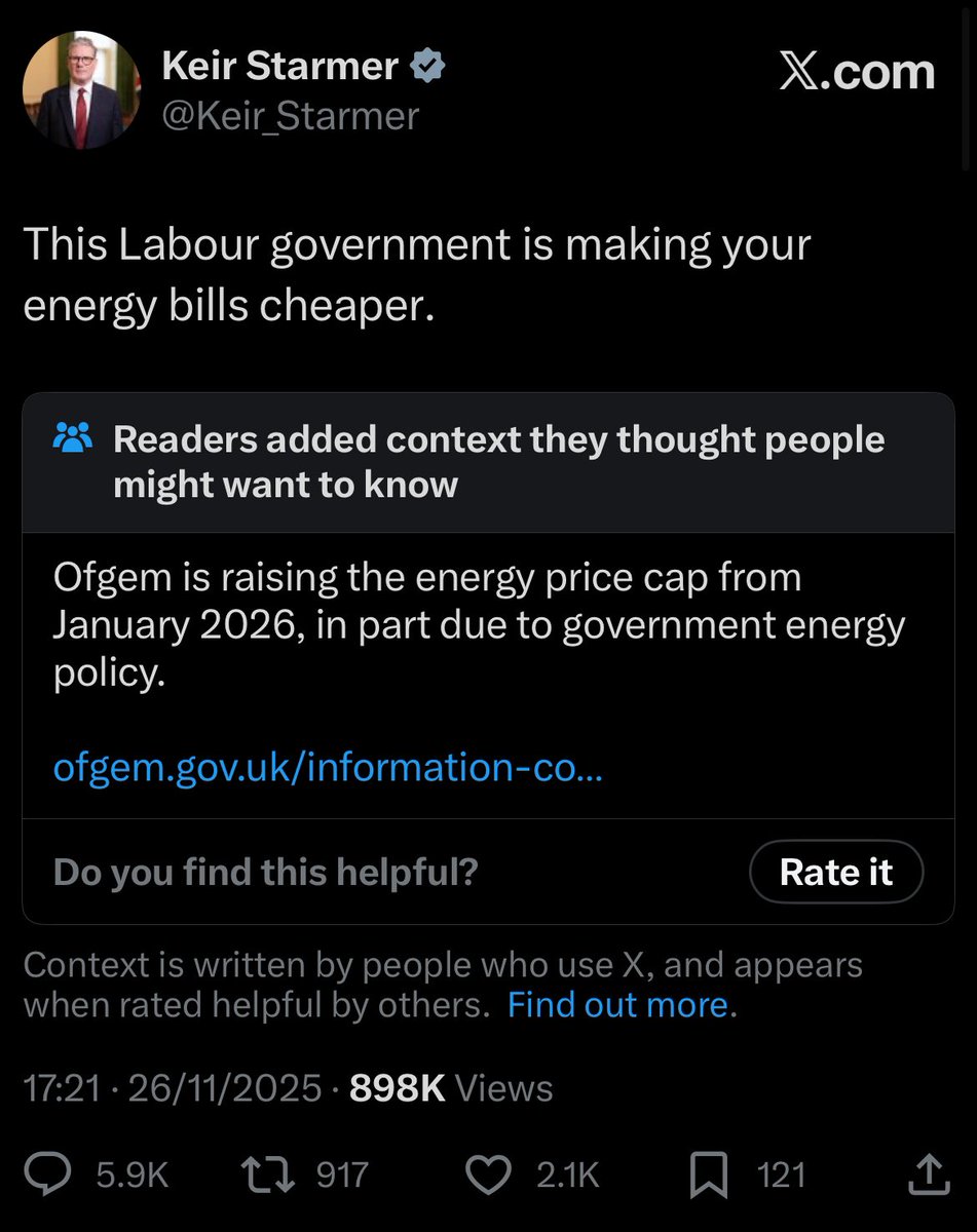 🚨NEW: Keir Starmer has been community noted on a post claiming the government is making energy bills cheaper