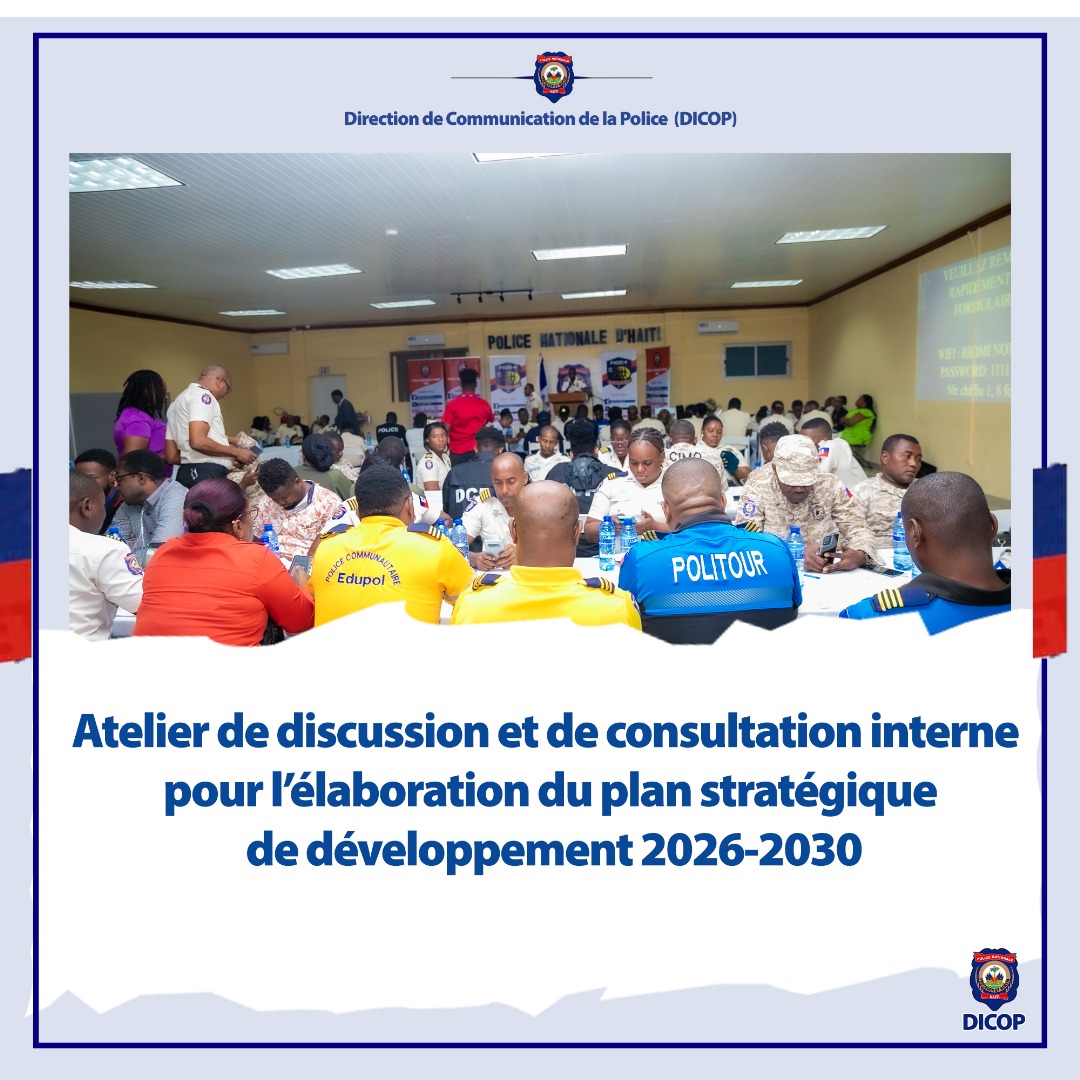 pnh_officiel's tweet photo. Le Commandant en chef de la PNH, M. PARAISON, a lancé l'atelier d'élaboration du Plan Stratégique de développement 2026-2030. Policiers de tous grades et partenaires internationaux #PNUD #BINUH unis pour une #PNH plus moderne et performante.
#PNH #PlanStratégique https://t.co/zJox6aU6mQ