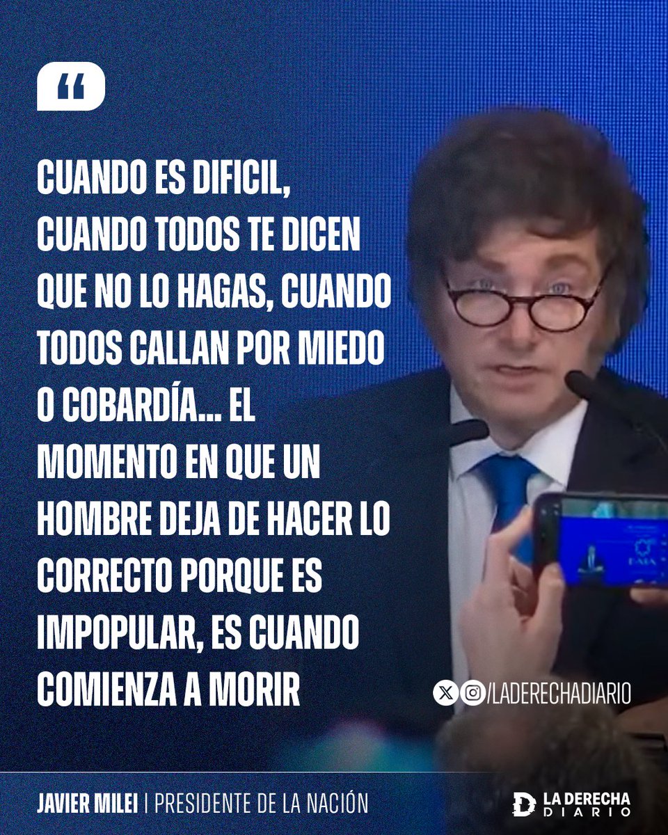 🚨🇦🇷🇮🇱 | #URGENTE El presidente Javier Milei llamó a hacer lo correcto cueste lo que cueste: "El momento en que un hombre, un gobierno o un país deja de hacer lo correcto porque es impopular, es cuando comienza a morir".