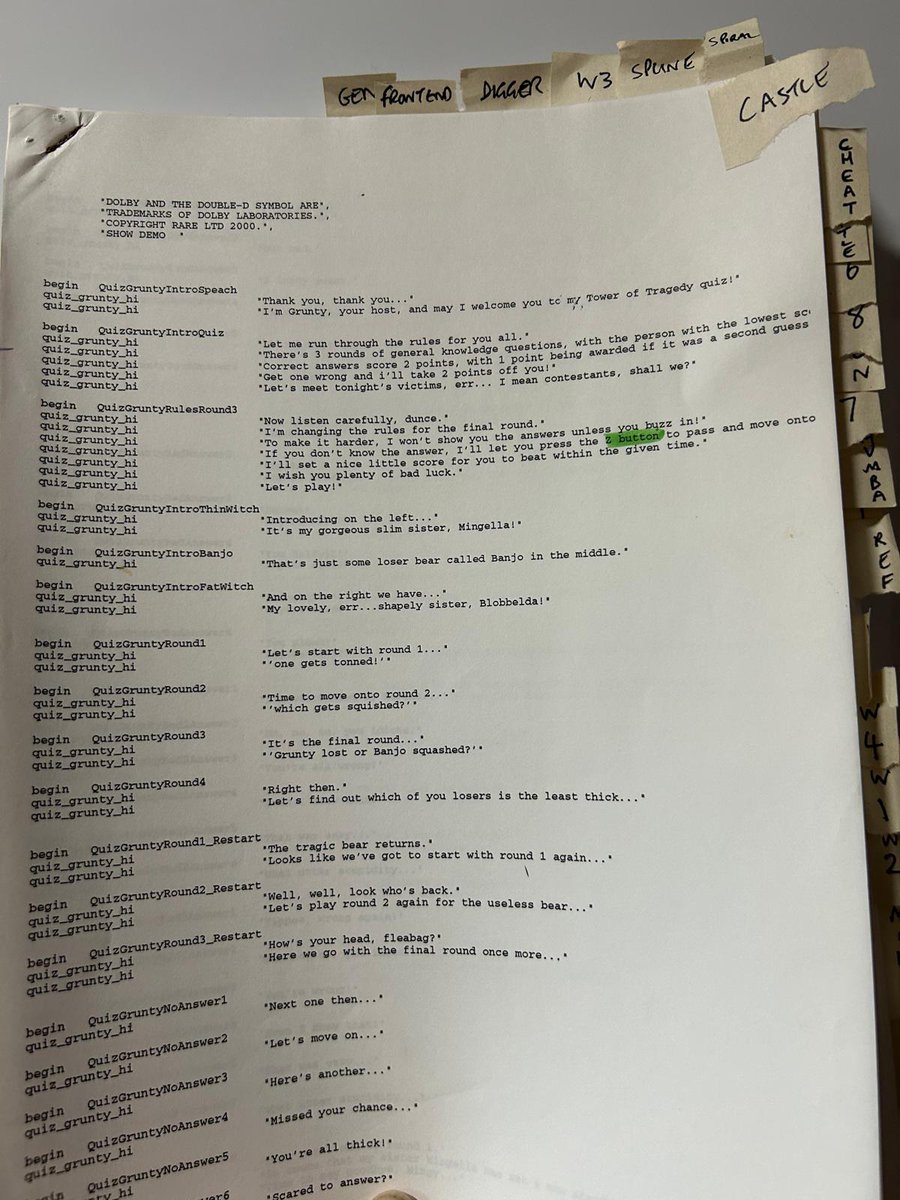 A complete print out of the Banjo-Tooie dialogue. Not looked at this for 25 years. A lot of it was just made up on the fly, which I thought made it better. What was your favorite dialogue in the game?
