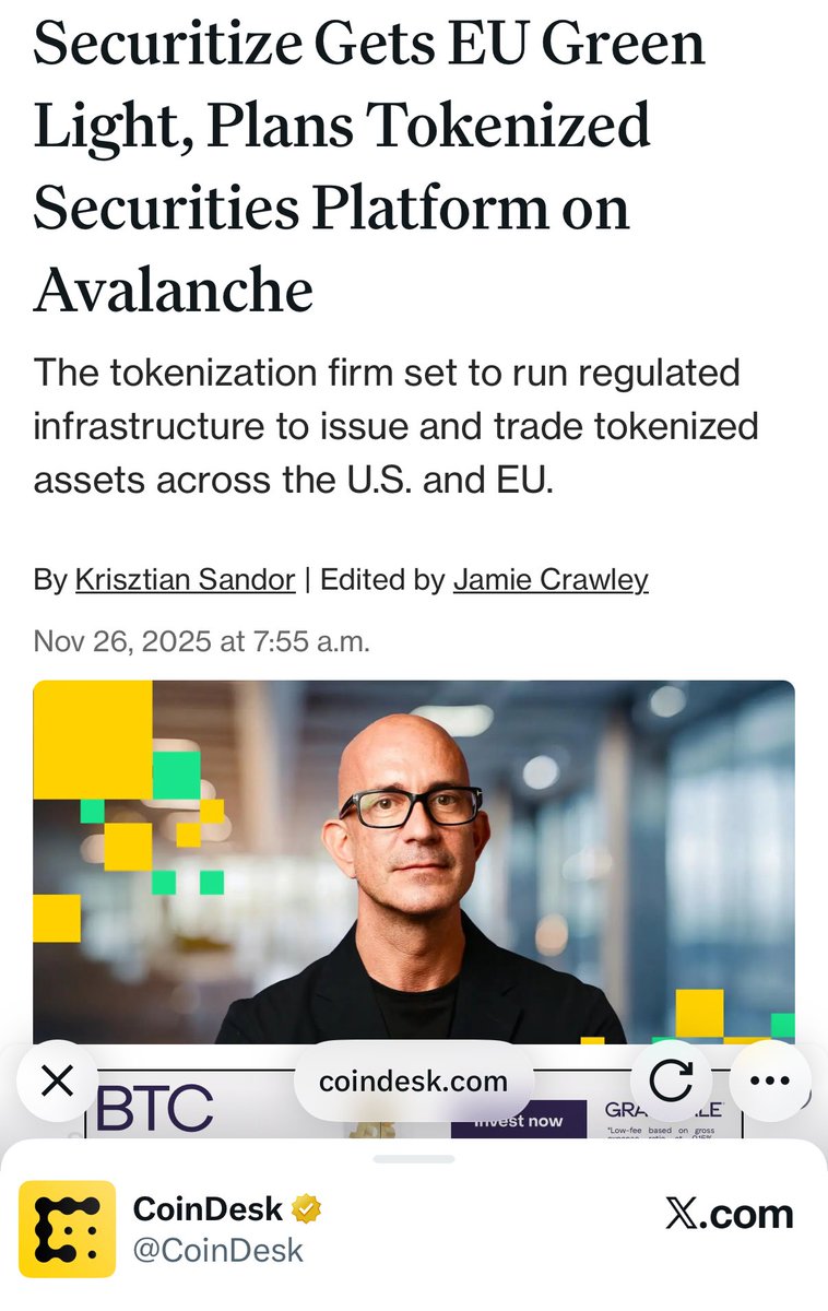 Tokenization firm, ⁦<a href="/Securitize/">Securitize</a>⁩ with backing from BlackRock becomes the first operator for regulated digital securities infrastructure in both the US and EU.

Today they announce that they are launching this on ⁦<a href="/avax/">Avalanche🔺</a>⁩. 🔺