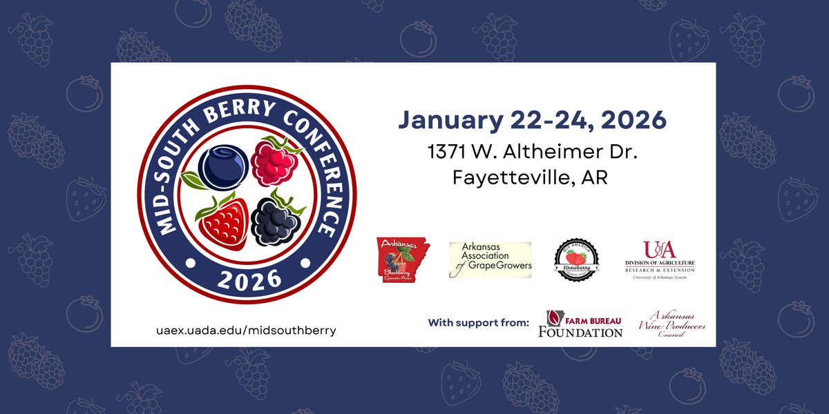 Join us for the Mid-South Berry Conference 🤩
📍Fayetteville, AR
📅January 22-24, 2026
Our very own Senior Staff Attorney Rusty Rumley will be presenting along with <a href="/fruitveg_uaex/">Amanda McWhirt</a>, the Arkansas Blackberry Growers Association, Arkansas Association of Grape Growers, Mid America