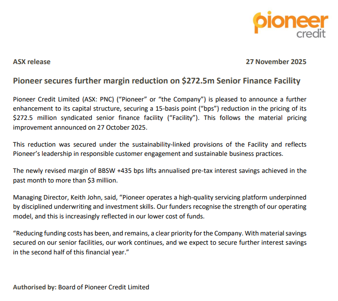 $PNC.AX
In the face of rising inflation in Australia, Pioneer continue to once again enhance its’ cost of capital with another 15bps reduction, following the previous 100bps reduction in late October.  This brings their interest rate on the $272.5M senior debt facility down to