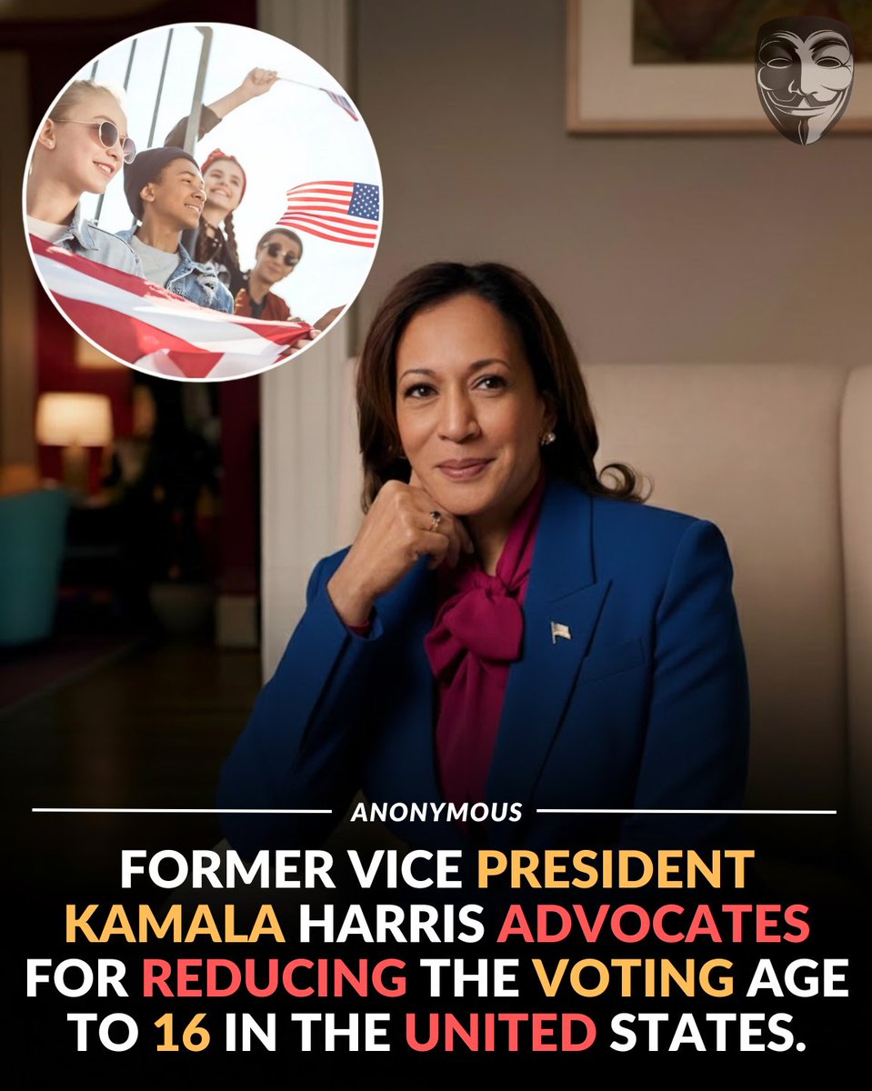 anonymousgroupx's tweet image. Kamala Harris wants America to consider lowering the voting age from 18 to 16. 🤔

Kamala Harris recently shared that she believes 16 year olds should be allowed to vote...saying young people care deeply about issues that shape their future. She explained that many teenagers…