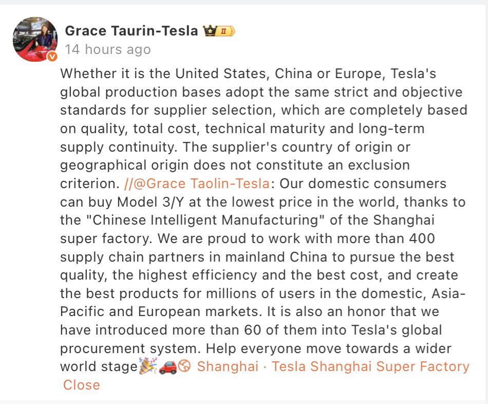 ltshijie's tweet image. 兩週前華爾街日報報導：特斯拉美國工廠要求供應商與中國廠商脫鉤。馬斯克和特斯拉官方一直沒有回應此報導。今天，特斯拉中國副總在微博「闢謠」，稱不會與中國供應商脫鉤。這種「闢謠」方式有點小聰明。