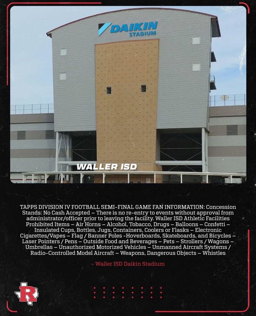 RCS__Athletics's tweet image. 🏟TAPPS Division IV State Semi-Final Game
Waller ISD Daikin Stadium Fan Information 

Fans please see the guidelines below as you attend the game on Friday. 

#WeRrosehill #EagleStrong #GoEagles 🦅