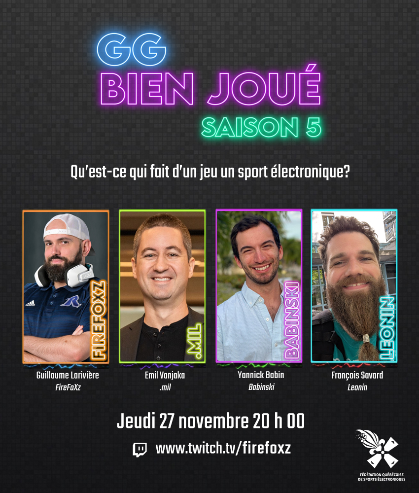 🎮 🎙️ ANNONCE DES INVITÉS 🎙️ 🎮

Épisode 2: Qu'est ce qui fait d'un jeu un sport électronique?

Nos invités pour en débattre seront Emil Vanjaka <a href="/evanjaka/">Emil Vanjaka</a> , Yannick Babin <a href="/YannickBabinski/">Yannick Babinski</a> et François Savard <a href="/LeoninQc/">François Savard (Leonin)</a> .

Demain soir (jeudi) 20 h sur ma chaîne Twitch!

#GGBIENJOUÉ