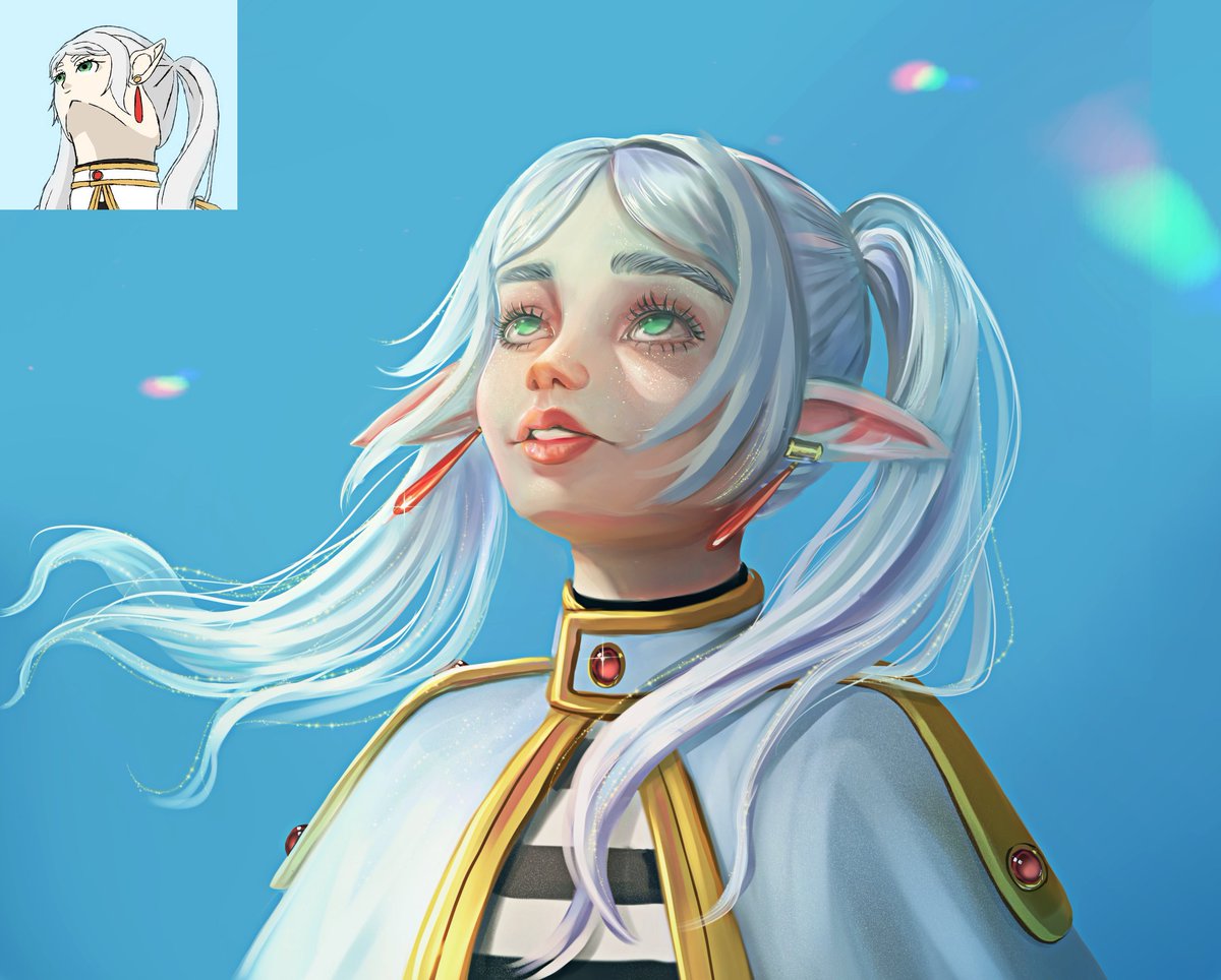 Zeiidraw's tweet photo. I couldn't resist making my own version of the Frieren ✨

This angle is way harder than it looks!

I think the original drawing is by an artist known as SpaceDev1 😊
#FrierenLookingUp #frieren #digitalart #Friangle https://t.co/XD95jVupWf