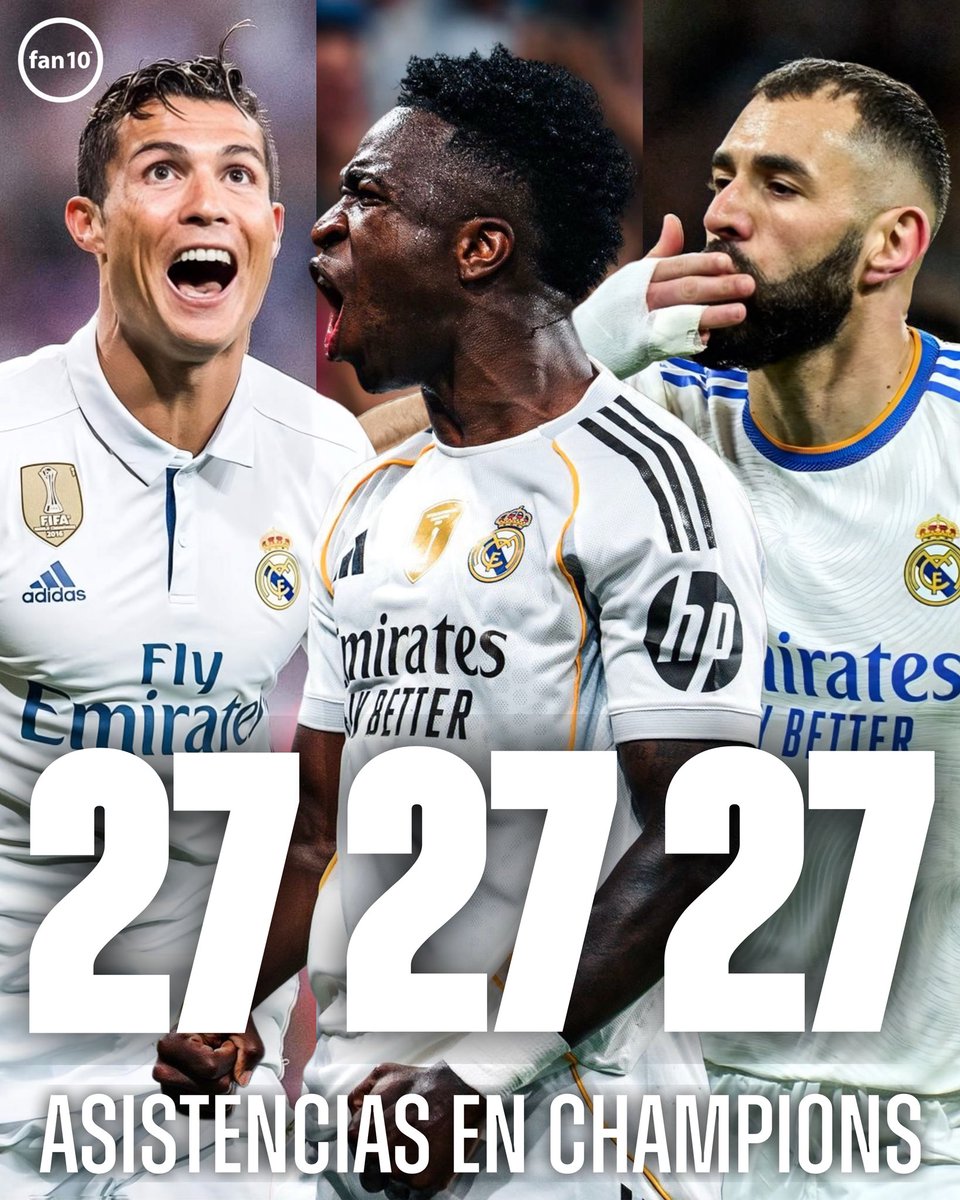 🚨 ¡¡RÉCORD HISTÓRICO!!

Vini Jr acaba de empatar el récord de Cristiano Ronaldo y Karim Benzema como los futbolistas con más asistencias en la historia del Real Madrid en la UEFA Champions League con 27 cada uno.

MR. CHAMPIONS JR SIGUE HACIENDO HISTORIA CON EL REAL MADRID. 🤍🏆