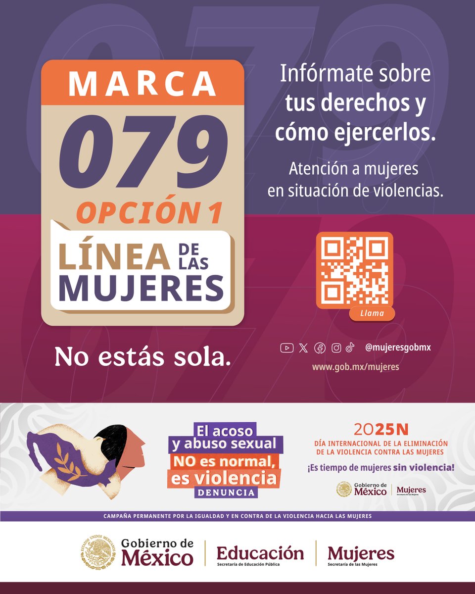 📞✨ No estás sola | Si te encuentras en una situación de violencia, llama al 079.

La Línea de las Mujeres te brinda apoyo inmediato, orientación segura y guía sobre las rutas que puedes tomar para protegerte y ejercer tus derechos.

Tu voz importa. Tu #seguridad también. 💛