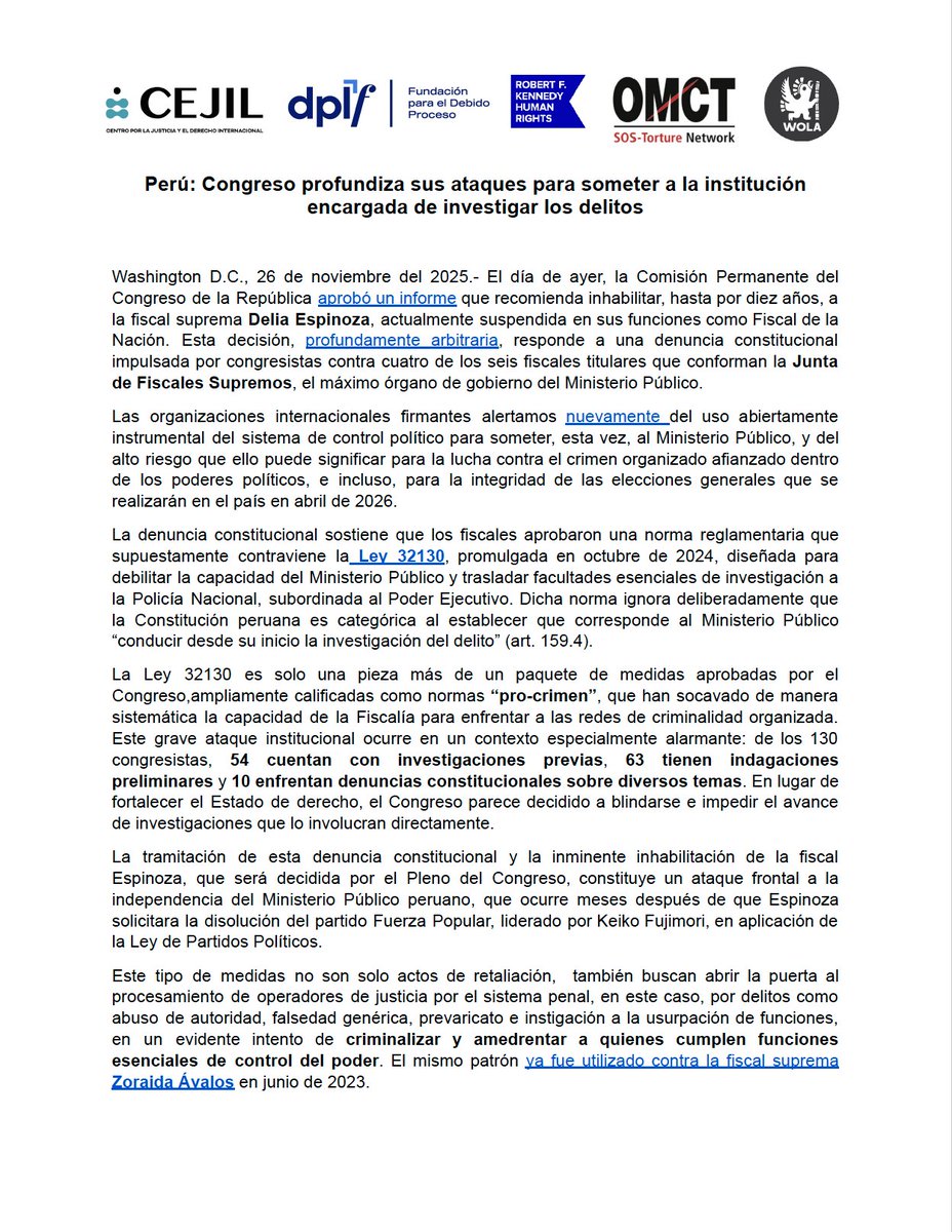 DPLF_info's tweet image. 🇵🇪 | Alertamos sobre el uso instrumental del control político del @congresoperu para someter a la @FiscaliaPeru. Estos ataques ponen en riesgo la lucha contra el crimen organizado y buscan amedrentar a operadores de justicia independientes en el Perú. (1/2)