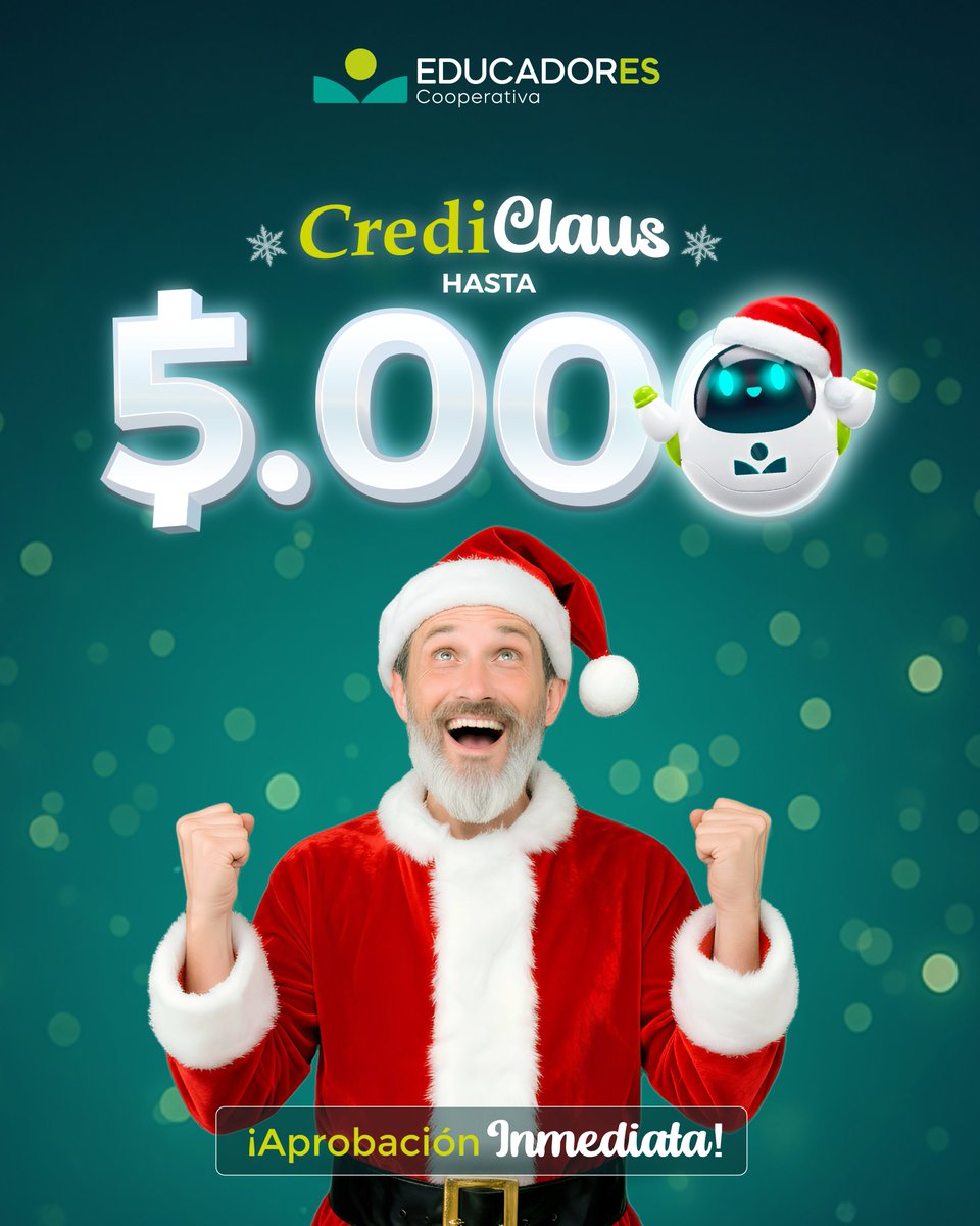 ✨¡CREDI Claus! ✨
🍀Cuenta con $5.000 en menos de lo que se canta un villancico.
¡Esta Navidad, Santa eres tú!🤶 

➡️SIN GARANTE y a 48 meses plazo.
👉Y la taza es un 🎁 12.5%

¡Solicítalo ahora!
📱099 906 7230
#EDUCADOREScooperativa
#CREDIclaus
#ConLosEducadoresSiempre