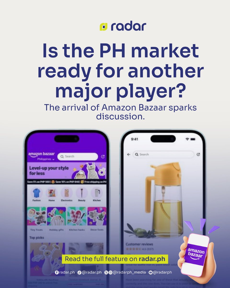 radarph_media's tweet image. Is the Philippine e-commerce scene ready for a new contender? 🛒

#Amazon Bazaar has entered the market, and online shoppers are taking notice. Discover what this means for local players.

Tap link in bio to read more.

#radarPH