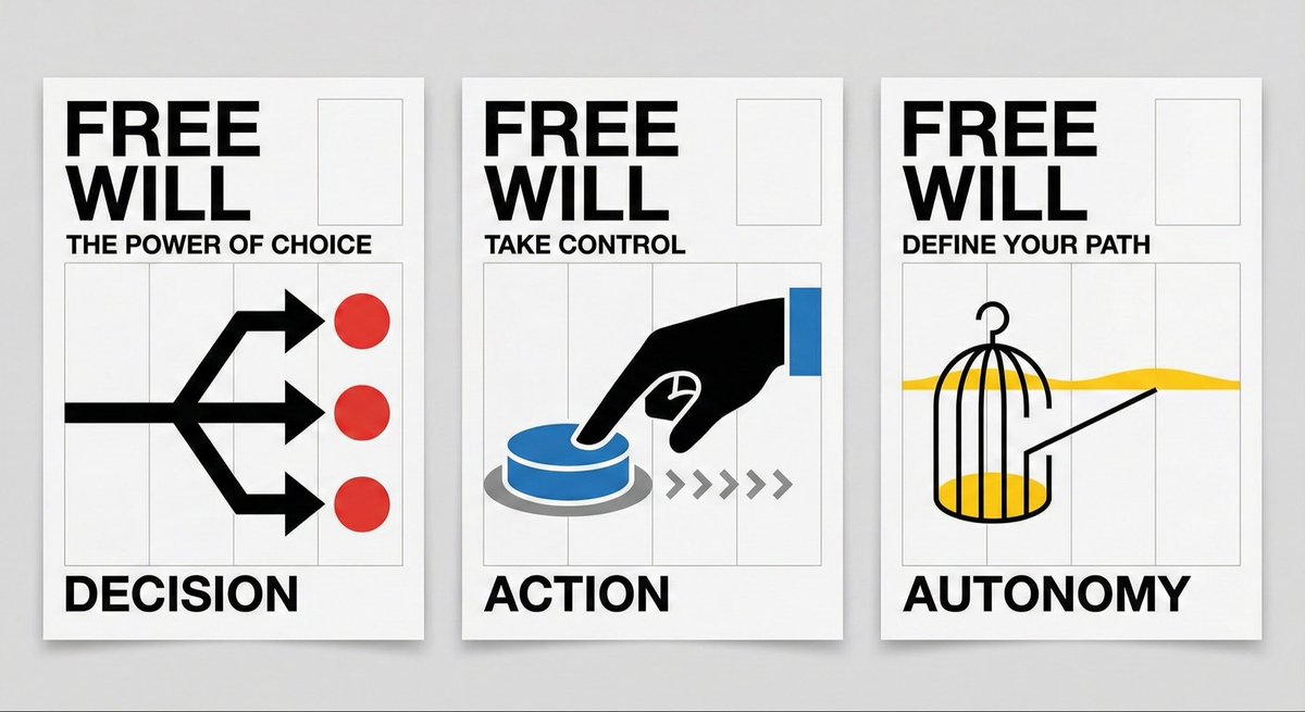 AI has been trained on the entire corpus of art, so knowing something about the history of design yourself is helpful.

Here is “a poster advertising the concept of free will” in Sachplakat style, 1970s Polish cinema poster style, Constructivist, &amp; International Typographic Style