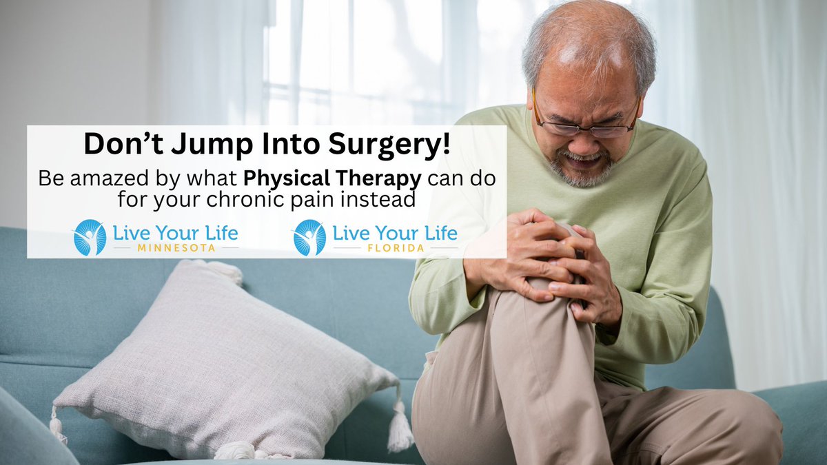 LiveYourLife_PT's tweet image. Surgery should be your last option. If you are having persistent pain with your arthritis, try physical therapy and be wow&apos;ed by the difference you can feel without surgery. Start feeling better here: bit.ly/4bnZwwn #surgery #joint #arthritis #OA #pain #relief #senior