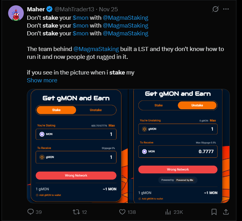 bitbytehex's tweet photo. Thanks to the $mon team for scamming my money on the testnet, at least I’m safe from this mainnet scam by @MadnessExchange . 

Crazy that even @MagmaStaking  is scamming people. Go read my old X post, other ecosystems associated with that team will scam all of you too.
#Monad https://t.co/Obn0yOpaw9