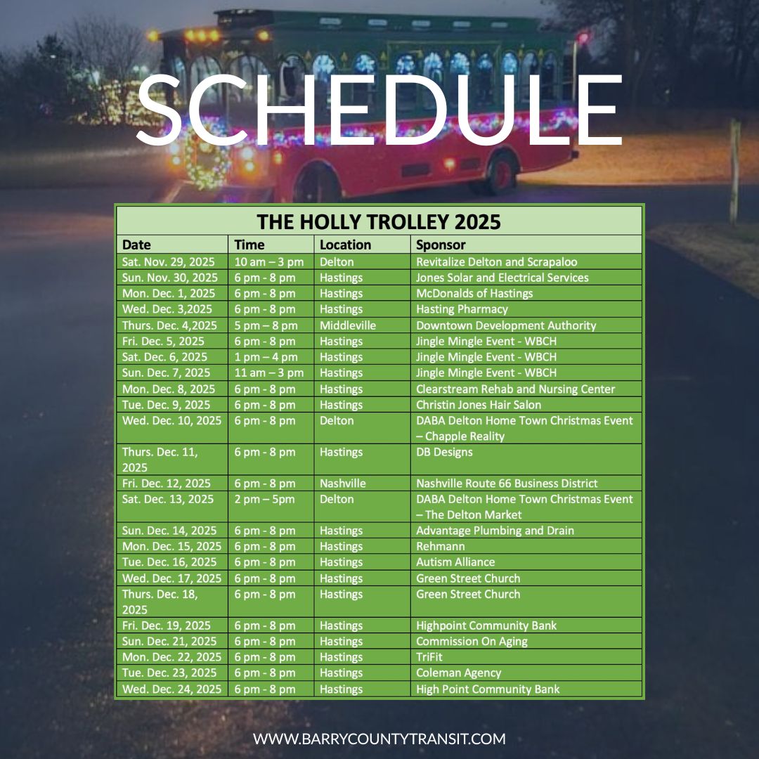 BarryCoTransit's tweet image. 🎄 The Holly Trolley is back for another magical season across Barry County!
Hop aboard for a FREE festive ride as we visit towns all throughout the county, bringing holiday cheer, twinkling lights, and joyful memories to families of all ages. - mailchi.mp/1350a5baa755/2…