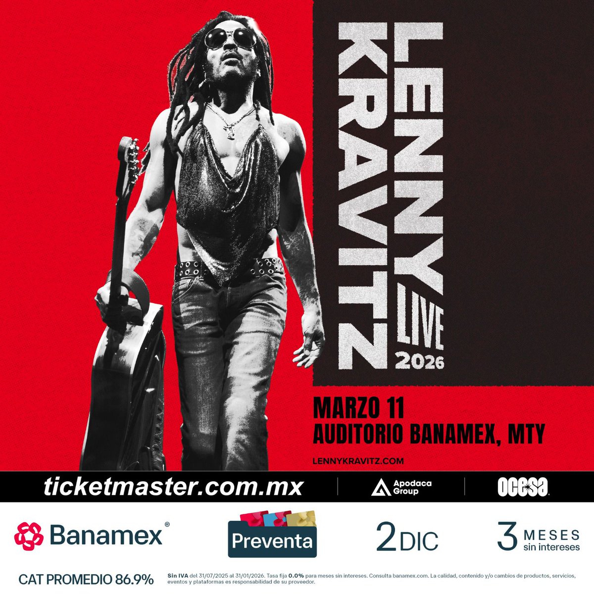 ¡Lenny Kravitz en Monterrey! El rockstar estadounidense se presentará en el Auditorio Banamex el 11 de marzo.

- Preventa Banamex: 2 de diciembre
- Venta geberal: desde el 3 de diciembre
- Todo por Ticketmaster.