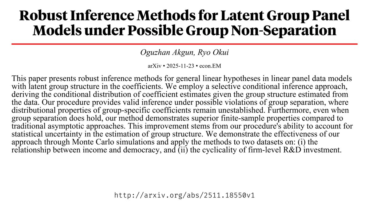 CapybaraPapers's tweet image. Robust Inference Methods for Latent Group Panel Models under Possible Group Non-Separation arxiv.org/abs/2511.18550…